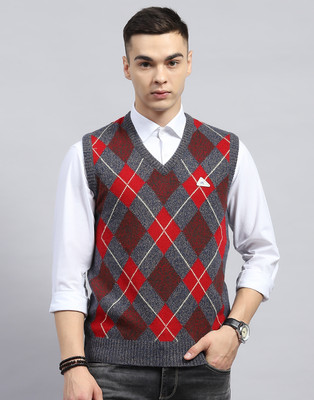 MONTE CARLO Geometric Print V Neck Casual Men Grey, Multicolor Sweater