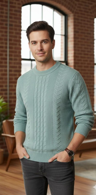 Sanzen Self Design Round Neck Casual Men Green Sweater