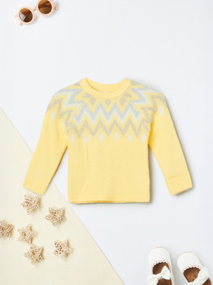 MAX Printed Round Neck Casual Girls Yellow Sweater