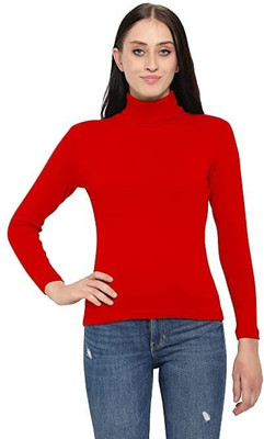 Farlucci Solid High Neck Casual Women Red Sweater