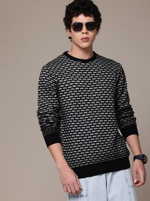 Roadster Self Design Round Neck Casual Men Black Sweater