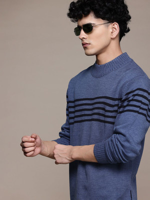 Roadster Striped Round Neck Casual Men Blue Sweater