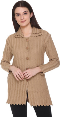 Ozarro Self Design Collared Neck Casual Women Beige Sweater
