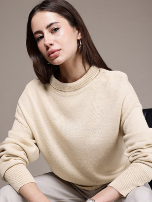 French Connection Solid Turtle Neck Casual Women Beige Sweater
