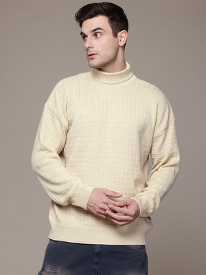 Roadster Self Design Turtle Neck Casual Men Beige Sweater