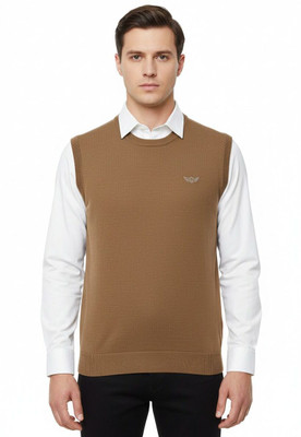 VOMAZO Solid V Neck Formal Men Brown Sweater