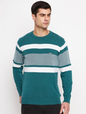 DUKE Striped Round Neck Casual Men Green Sweater