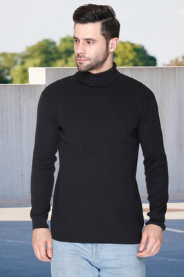 jorden4u Solid, Self Design Turtle Neck Casual Men Black Sweater