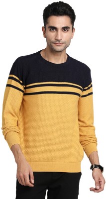 TURTLE Striped Round Neck Casual Men Yellow, Black Sweater