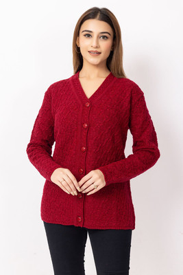 Dodge Self Design V Neck Casual Women Maroon Sweater
