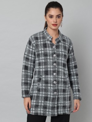 eWools Checkered Collared Neck Casual Women Grey Sweater