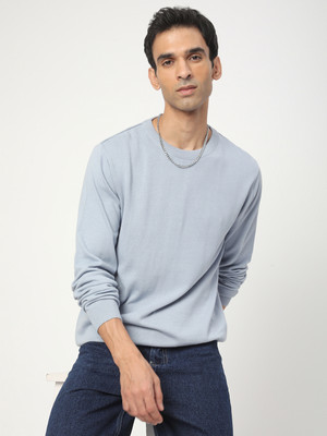 R&B Solid Round Neck Casual Men Blue Sweater