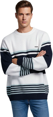 WAY TO TRENDY Striped Round Neck Casual Men Dark Blue Sweater