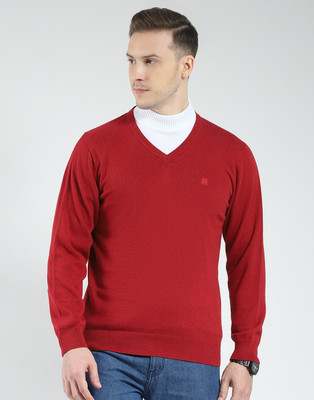 MONTE CARLO Solid V Neck Casual Men Maroon Sweater