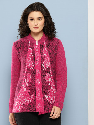 Roadster Printed Mandarin Neck Casual Women Pink Sweater