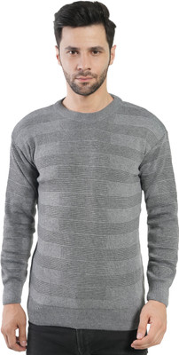 manra Striped Round Neck Casual Men Grey Sweater
