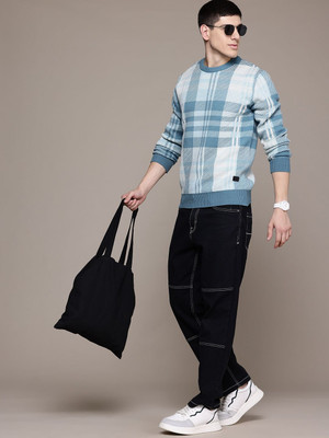 Roadster Checkered Round Neck Casual Men Blue Sweater
