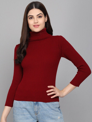 Farlucci Solid High Neck Casual Women Maroon Sweater