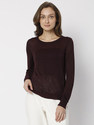 VERO MODA Solid Round Neck Casual Women Maroon Sweater
