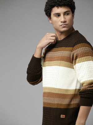 Roadster Striped Round Neck Casual Men Brown Sweater