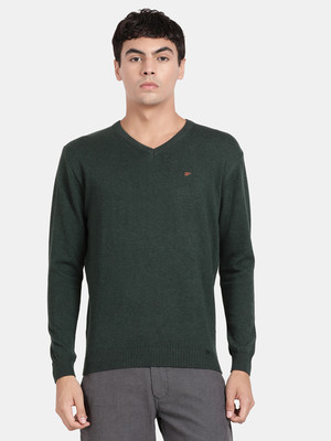 t-base Solid V Neck Casual Men Green Sweater