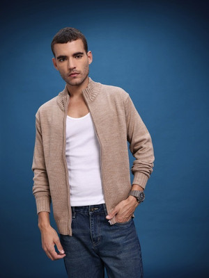 Roadster Self Design High Neck Casual Men Beige Sweater