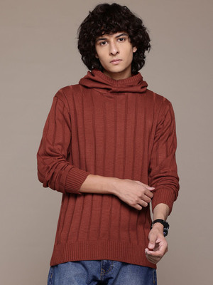 Roadster Self Design Hooded Neck Casual Men Red Sweater