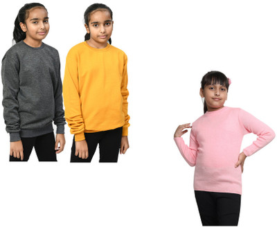 KAVYA Solid, Self Design Round Neck Casual Girls Multicolor Sweater