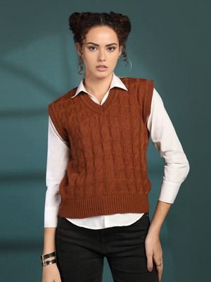 CHKOKKO Self Design Collared Neck Casual Women Brown Sweater