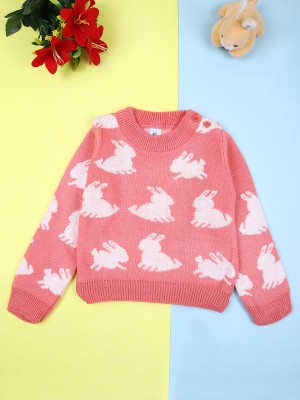 V-MART Printed Round Neck Casual Baby Girls Pink Sweater