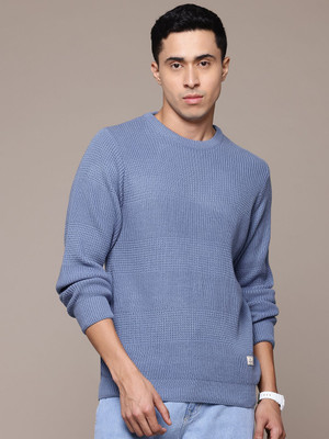 Roadster Solid Round Neck Casual Men Blue Sweater
