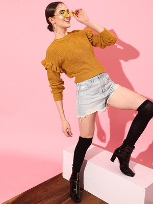 STREET9 Self Design Round Neck Casual Women Yellow Sweater