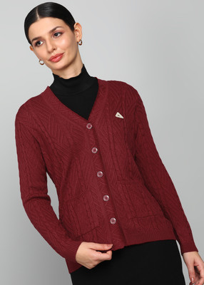 MONTE CARLO Self Design V Neck Casual Women Red Sweater