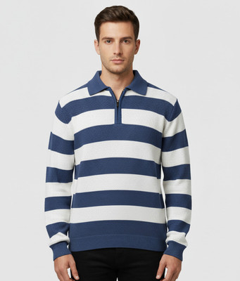 klein blue Striped Collared Neck Casual Men Dark Blue Sweater