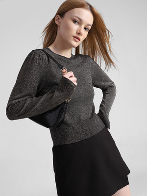 ONLY Solid Round Neck Casual Women Grey Sweater