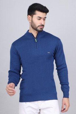 FEVERFEW Self Design Collared Neck Casual Men Blue Sweater
