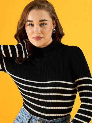 98 Degree North Striped High Neck Casual Women Black Sweater