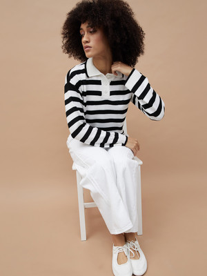 Ginger by Lifestyle Striped Collared Neck Casual Women Black Sweater