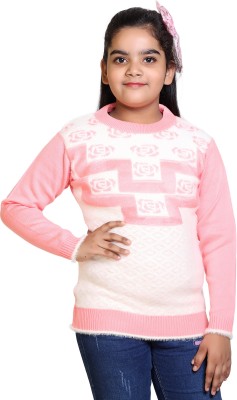 Chhabra Printed Round Neck Casual Girls Pink, White Sweater