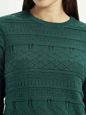 LEVI'S Self Design Crew Neck Casual Women Dark Green Sweater