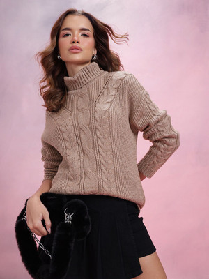 Dressberry Self Design Turtle Neck Casual Women Brown Sweater