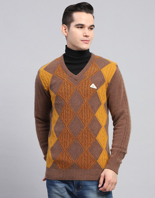 MONTE CARLO Self Design V Neck Casual Men Brown Sweater