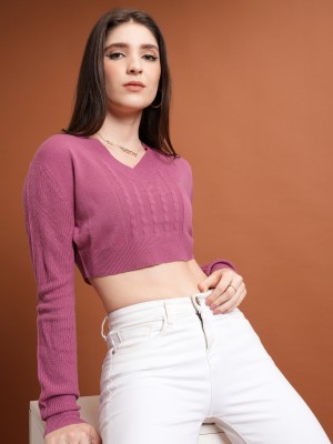 Tokyo Talkies Solid V Neck Casual Women Pink Sweater