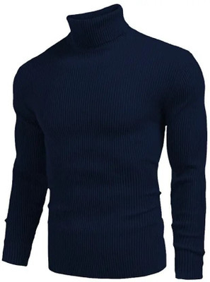 urban trees Solid High Neck Casual Men Dark Blue Sweater