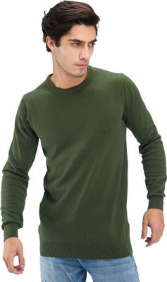 Spykar Solid Round Neck Casual Men Green Sweater
