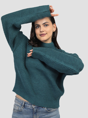 Roadster Solid Turtle Neck Casual Women Blue Sweater