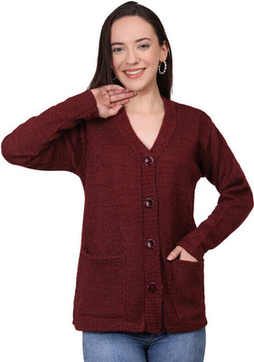 manra Solid V Neck Casual Women Maroon Sweater