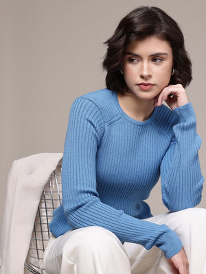 French Connection Self Design Round Neck Casual Women Blue Sweater