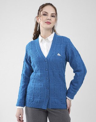 MONTE CARLO Self Design V Neck Casual Women Blue Sweater
