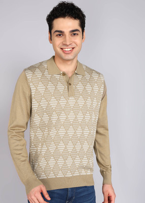 Raymond Self Design Collared Neck Casual Men Beige Sweater